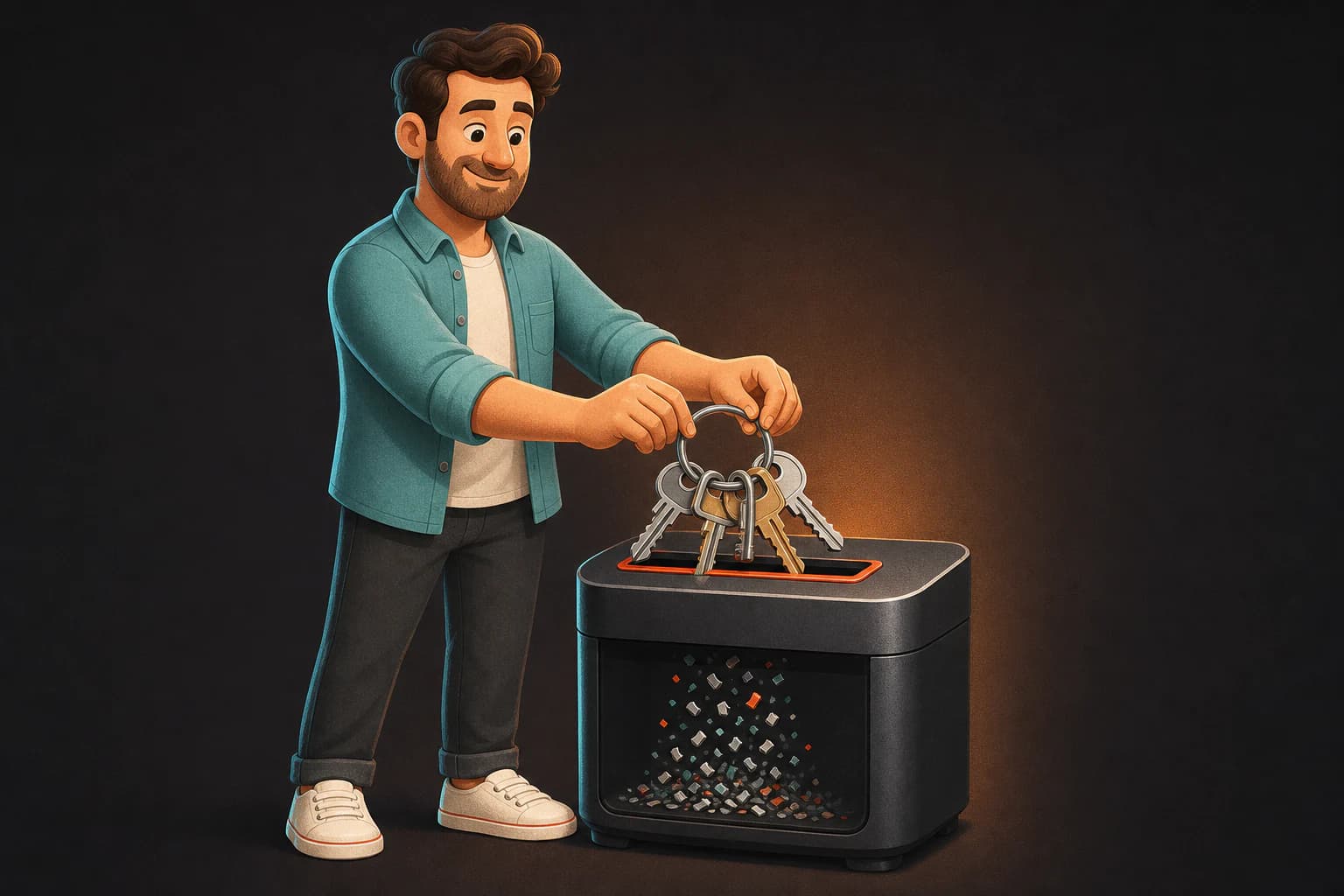 A man feeding a keyring into a compact shredder
